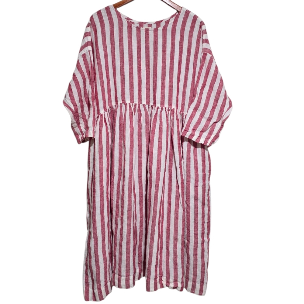 Meg by Design Oversized Linen Dress in Red/White Stripe Size Small